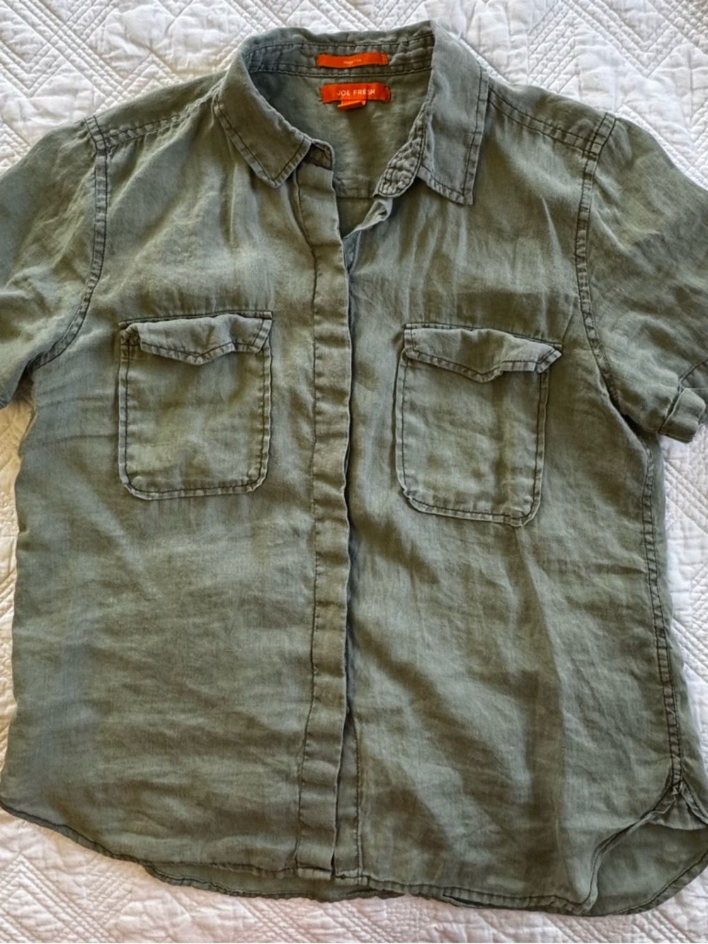 Joe Fresh Button Up Short Sleeve Linen Shirt Medium Olive Green